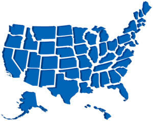 A three-dimensional map of all 50 U.S. states set over a white background.